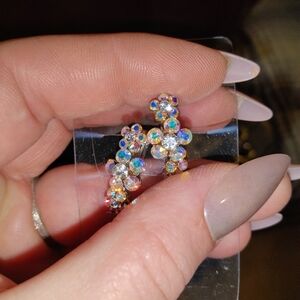 Vintage Pink Aurora Borealis Clip-On EarringsGlass Rhinestone Enamel BLING